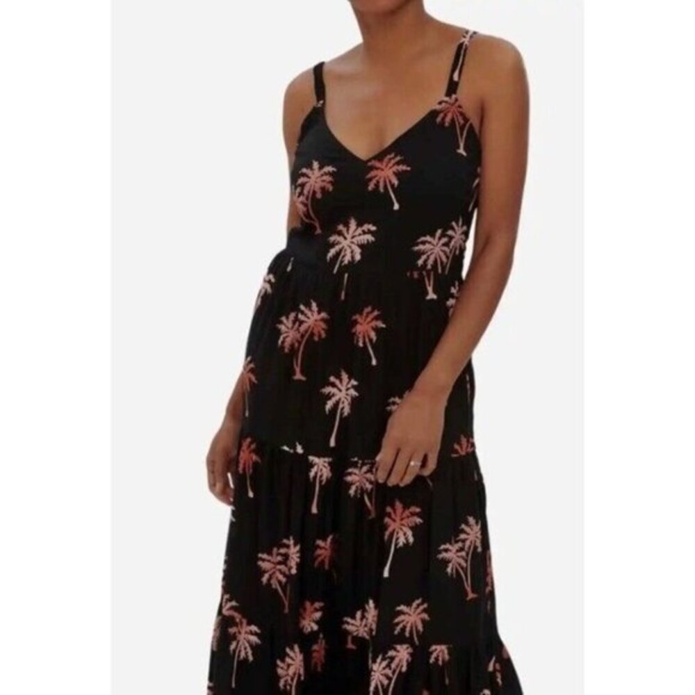 Sugarhill Brighton Tara batik tiered maxi sundress black, palm tree print size 8